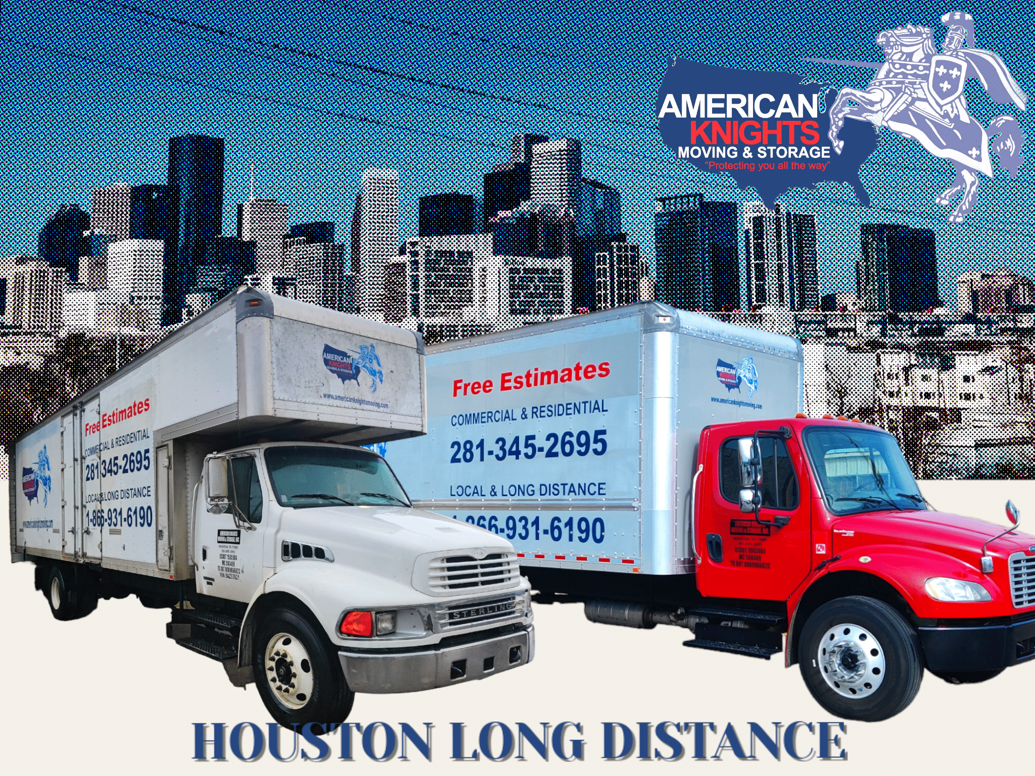 two trucks of American Knights moving- Houston Long Distance- Movers for long distance in Houston Texas, Houston Long distance movers ,out of state movers, Cross country movers